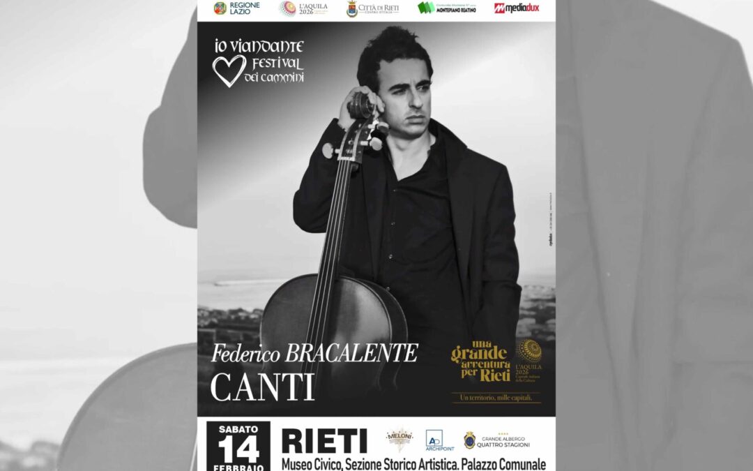 Il violoncello di Federico Bracalente per il terzo appuntamento di “IO, VIANDANTE. Festival dei cammini”, oggi al Museo Civico