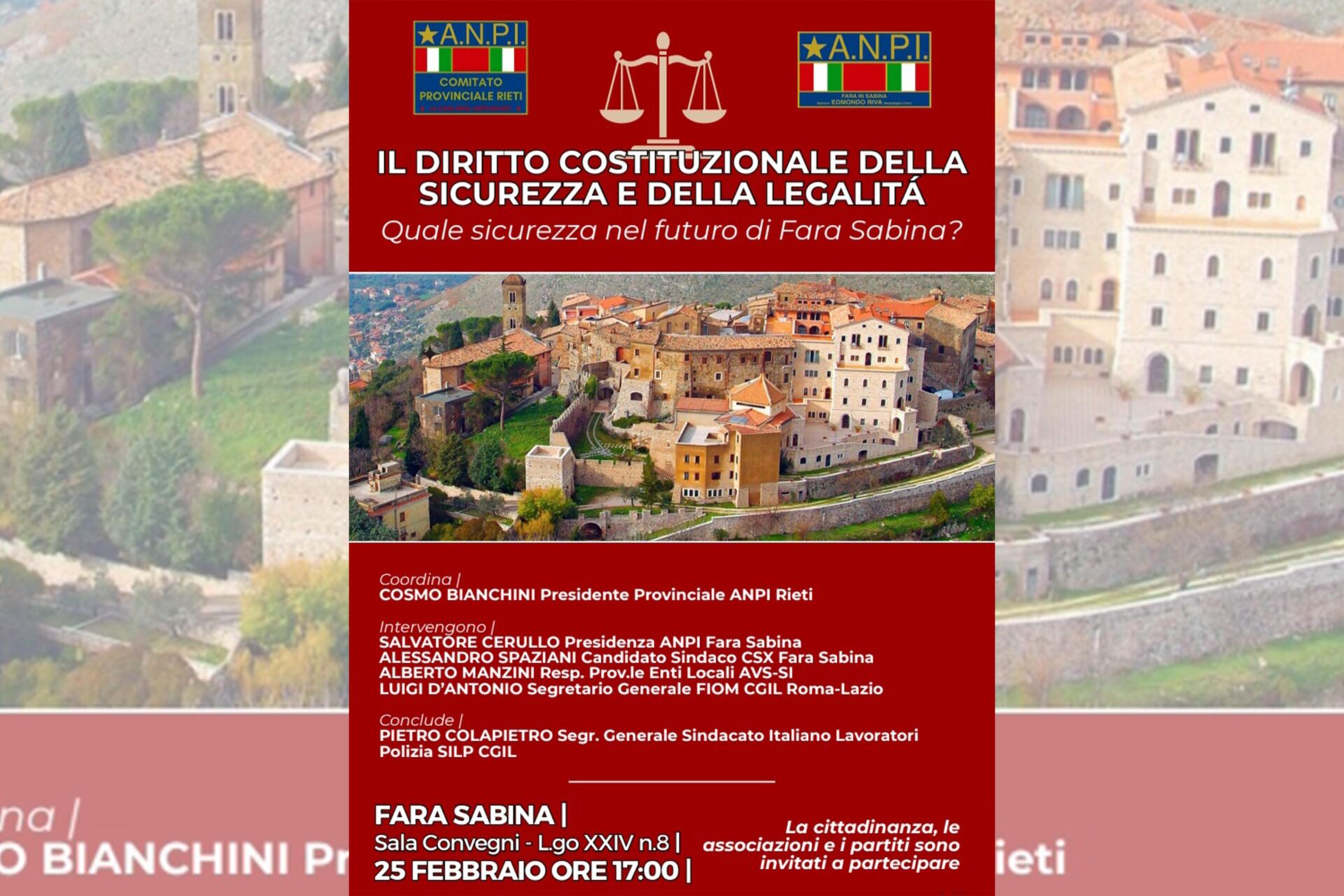 Sicurezza e legalità, ANPI promuove un confronto pubblico sul futuro di Fara Sabina